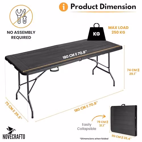 Novecrafto Black Plastic Folding Trestle Table with Powder Coated Steel Frame, W/D/H: 180 x 75 x 74 cm – 6