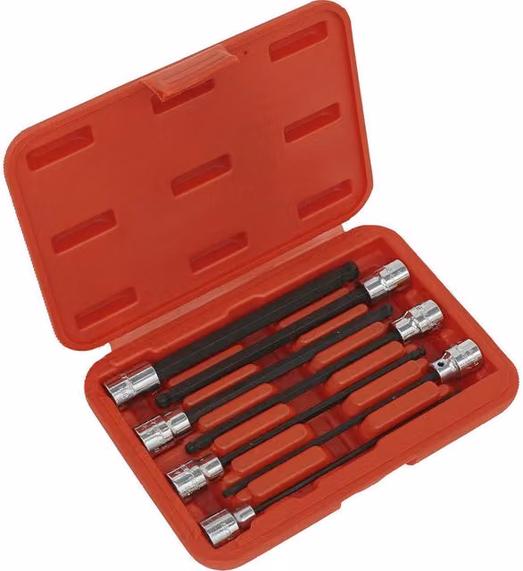Loops 7pc Ball End Hex Socket Bit Set, 3/8" Square Drive, 3mm to 10mm, 150mm Long Shaft, Chrome Vanadium