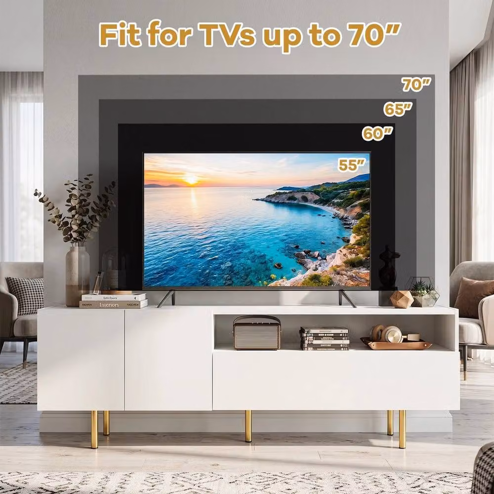 Havendro Modern White TV Stand for up to 70 Inch TVs with 2 Doors and 5 Metal Legs – 3