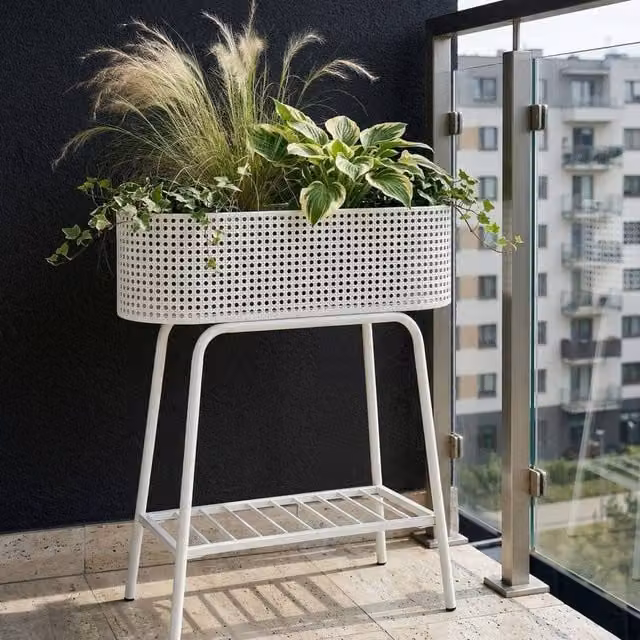 Wyld and Coco White Metal Raised Planter Box with Shelf, W/D/H: 60 x 60 x 21 cm – 1
