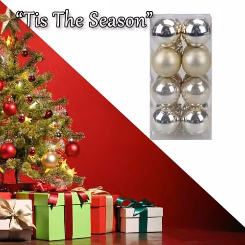 VFM e-Store Set of 16 Round Christmas Bauble Hanging Tree Ornaments in Champagne Gold and Beige, 5 cm – 6
