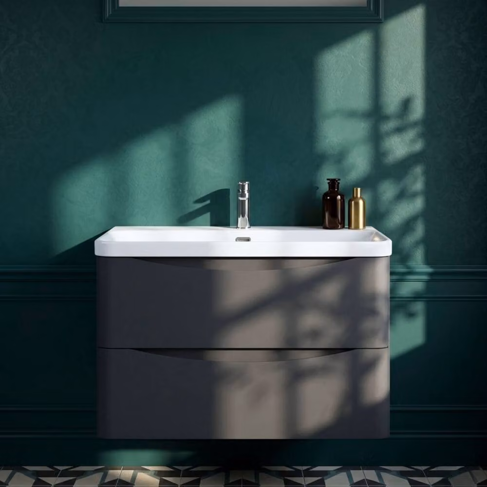 Balterley Modern Wall Hung 2 Drawer Bathroom Vanity with Ceramic Basin, Dark Grey, Width: 80 cm – 5