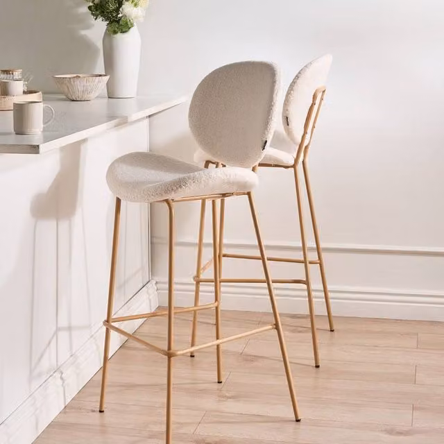 Wyld and Coco Set of 2 White Boucle Bar Chairs with Wood-Look Metal Legs – 1