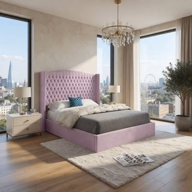 KDMD Stockcross Winged Upholstered Pink Soft Velvet Designer Bed Frame W/D/H: 137 x 120 x 83 cm – 1