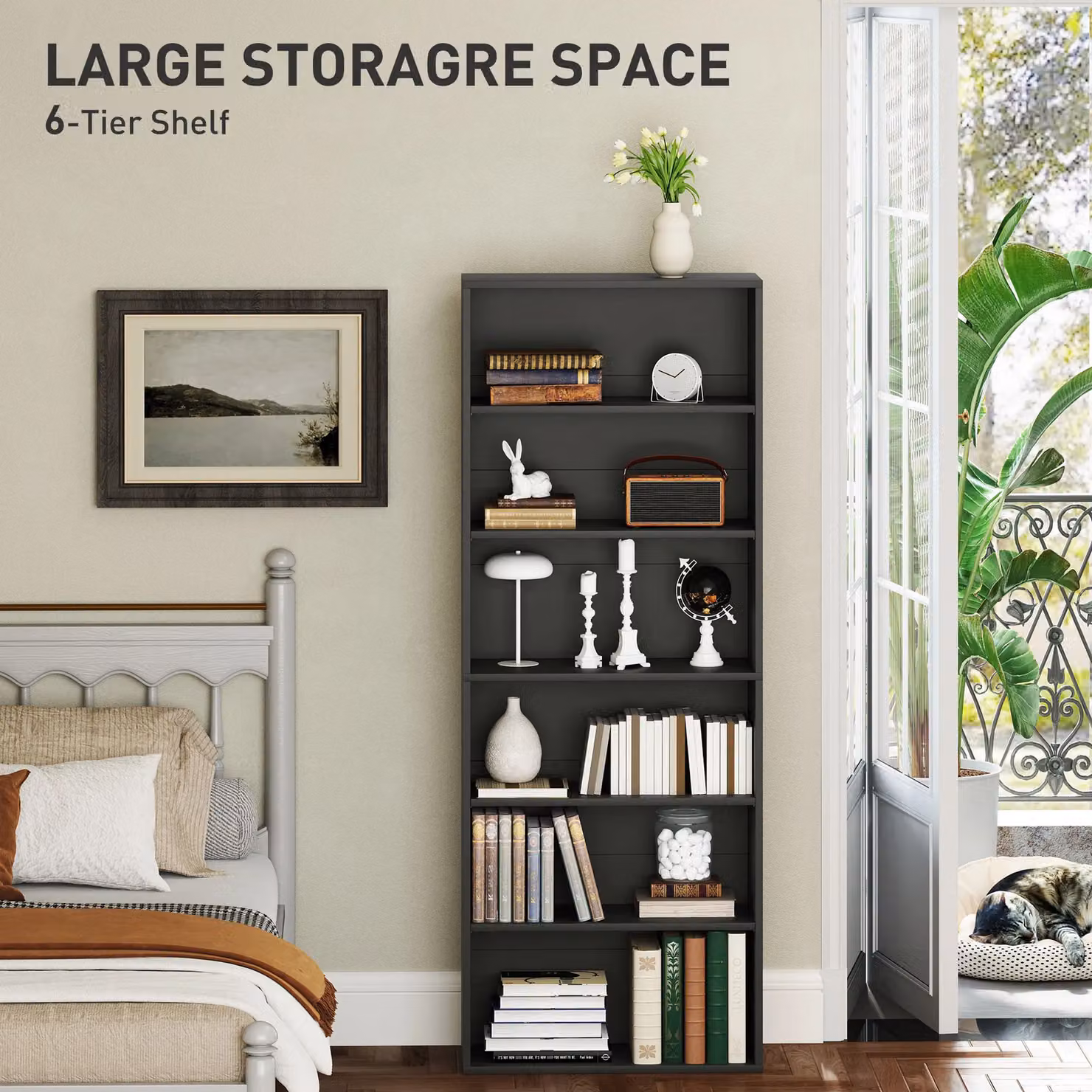 HOMCOM 6 Tier Freestanding Bookshelf with Adjustable Shelves in Black – 4