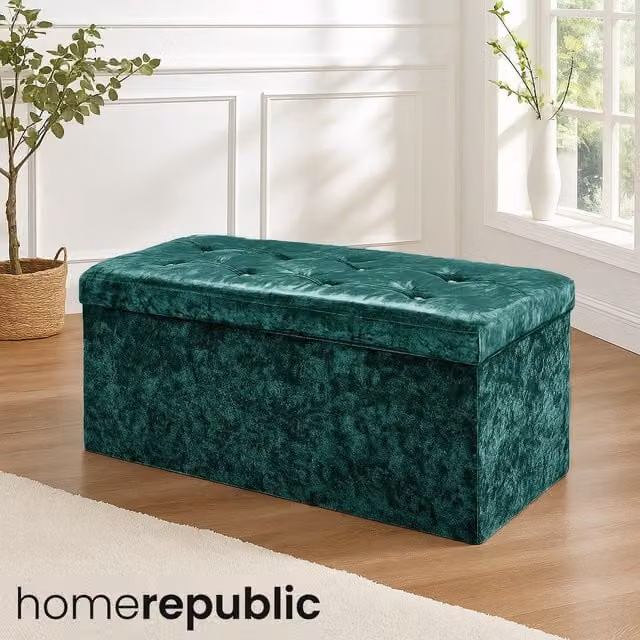 Home Republic Green Crushed Velvet Foldable 2 Seater Storage Ottoman