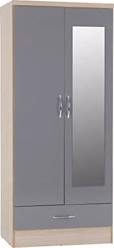 Seconique Nevada Grey Gloss and Oak 2 Door 1 Drawer Mirrored Wardrobe W/D/H: 78 x 52 x 182 cm