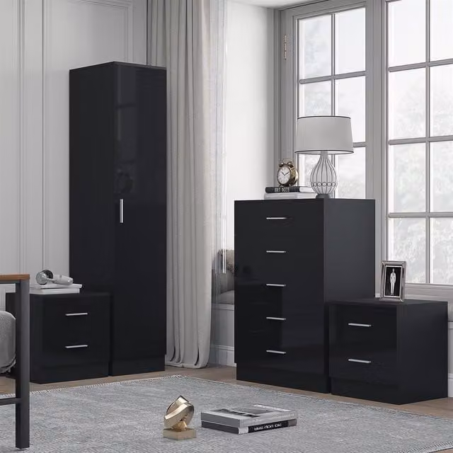 REFLECT Bedroom Furniture Set in Black High Gloss and Matt Black, including 1 Door Wardrobe, 5 Drawer Chest and 2 Bedsides