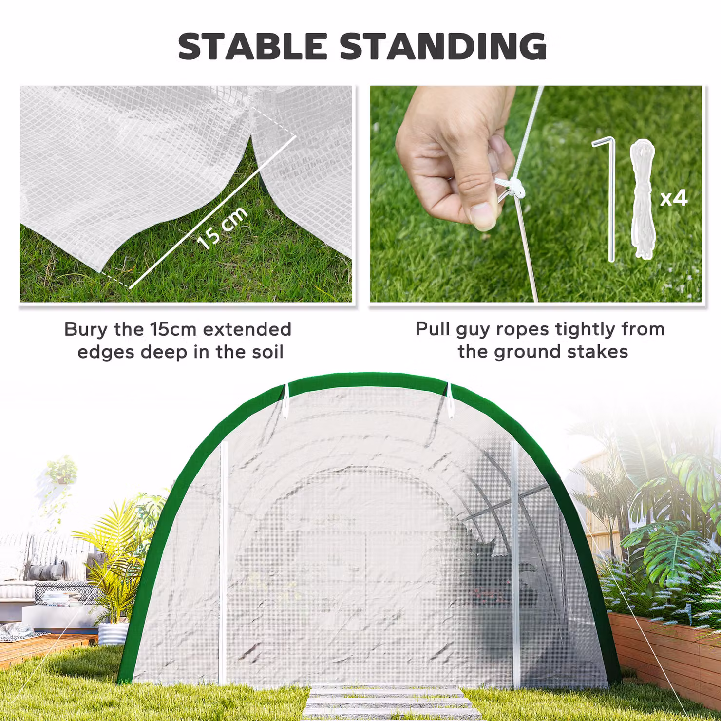 Outsunny White Walk-in Polytunnel Greenhouse with Zipped Doors, 8 Mesh Windows and PE Cover, W: 6 m, D: 3 m, H: 2 m – 3