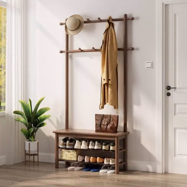 YQJJGL Walnut Solid Wood Hall Tree with Bench and 2-Tier Shelves, W: 80 cm, H: 170 cm, D: 30 cm – 1