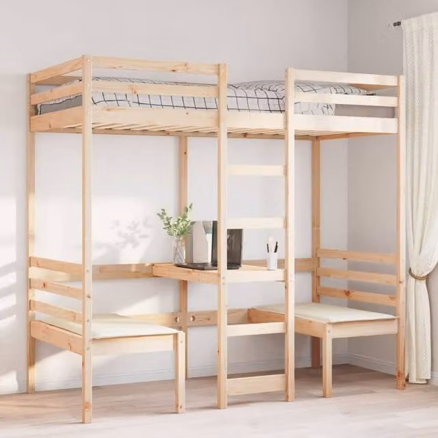 Berkfield Home Loft Bed Frame with Desk and Chairs in Beige Solid Pine, W/D/H: 200 x 80 x 155.5 cm