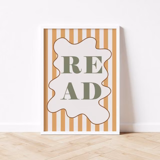 Autumns Corner Read Print Stripy Edition Typography Poster in Sage and Mustard, A4 – 1