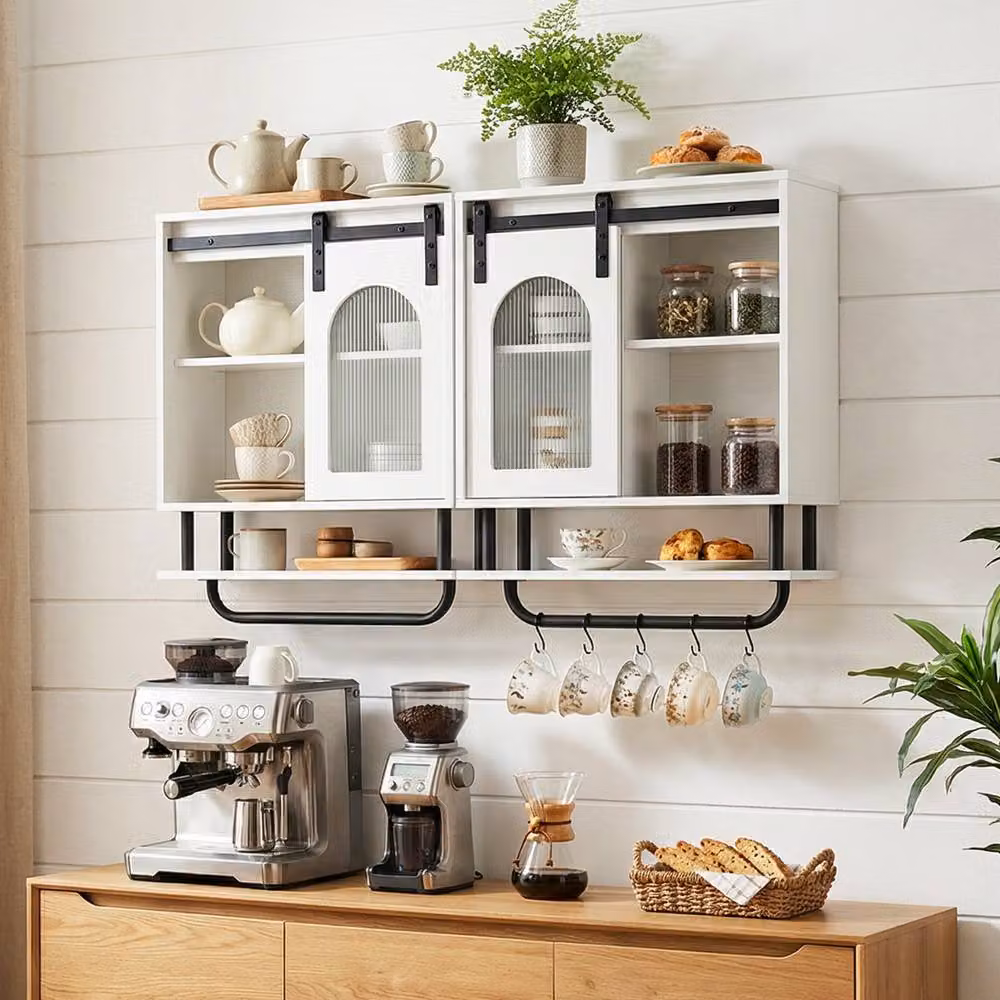 Costway White Wall Mounted Bathroom and Kitchen Medicine Cabinet with Sliding Glass Barn Doors and Internal Shelves – 3
