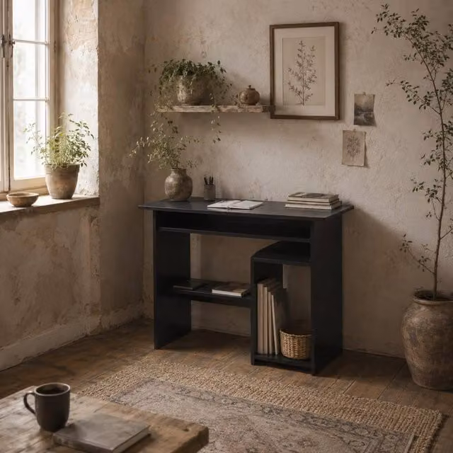 Wyld Haus Moke Black Corner Desk with Storage Shelves and Keyboard Tray W: 80 cm – 1