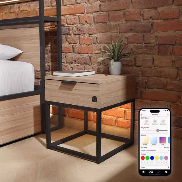 X Rocker Denver Bedside Table with Integrated LED App Control Lights in Light Oak