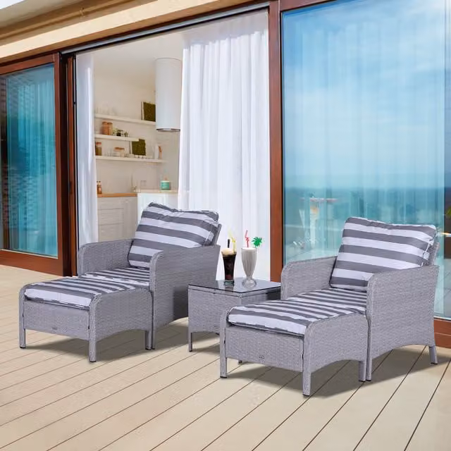 Outsunny 5 Piece Modern Grey PE Rattan and Steel Garden Furniture Set with Glass Table