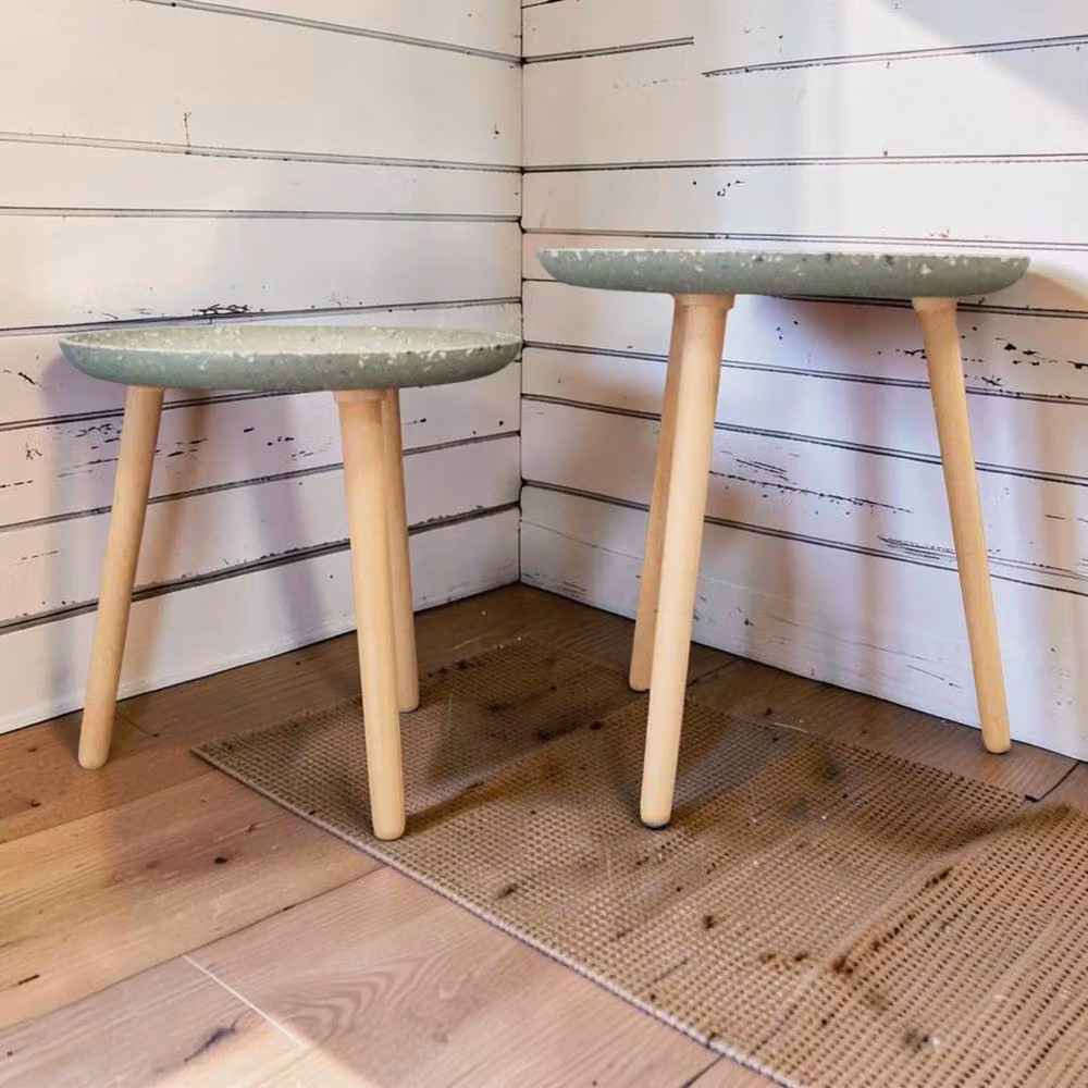 Four Candle Set of 2 Green Sage Terrazzo Round Side Tables with Wood Legs – 2