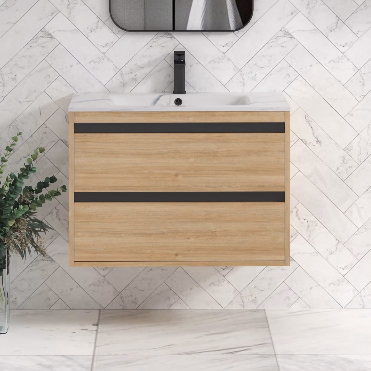 Royal Bathrooms Orion 800mm Wall Hung 2 Drawer Vanity Unit in Natural Oak with Carrara White Basin and Black Accent Trim