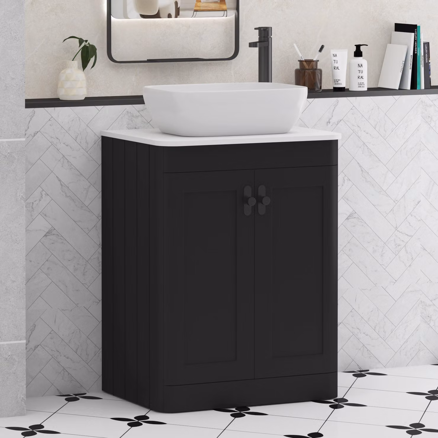 Royal Bathrooms Henley 600mm Matt Nocturne Black Floor Standing 2 Door Vanity Unit with Plain White Worktop, Elva Basin and Matt Black Knob