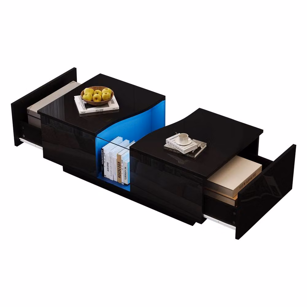 Rolipo Modern Black High Gloss LED Coffee Table with Storage Drawers W/D/H: 140 x 50 x 40 cm – 9