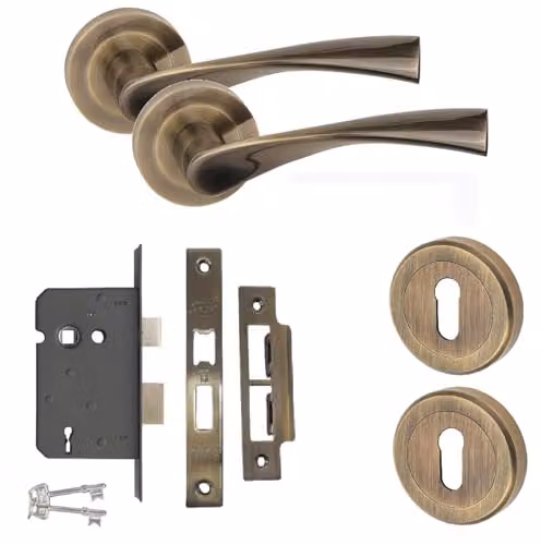 Golden Grace Astrid Mortise Lock Door Handle Set in Antique Brass