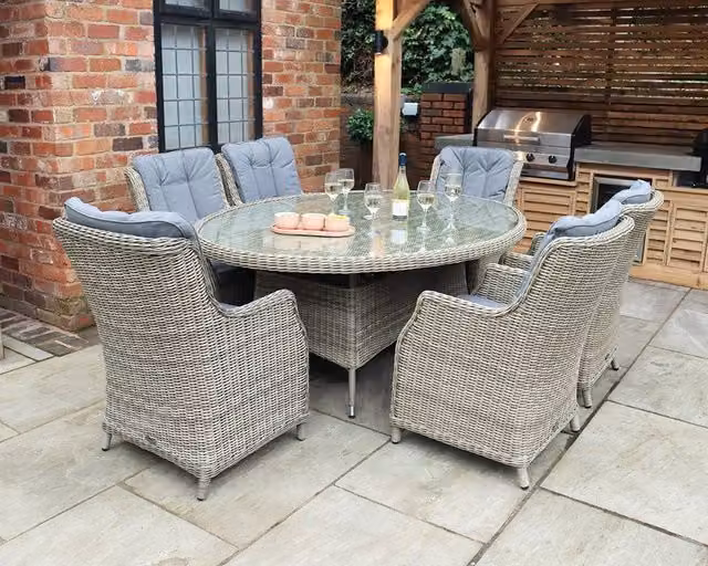 Royalcraft Wentworth 6 Seater Oval Dining Set in Beige with 6 Highback Comfort Dining Armchairs and Grey Cushions – 2
