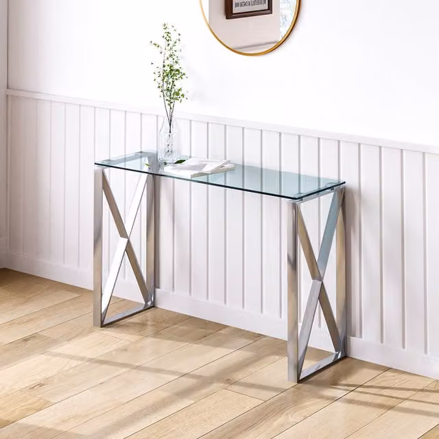 Livingandhome Modern Square Tempered Glass Side Table with Silver X-Frame