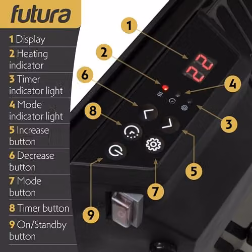 Futura 1000W Black Glass Electric Convector Panel Heater, Wall Mounted or Freestanding with Timer and Thermostat – 7