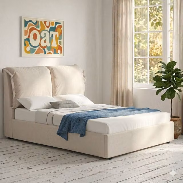 OAT Home Chester Pillowback Upholstered Ottoman Storage Bed in Beige, W/D/H: 180 x 200 cm