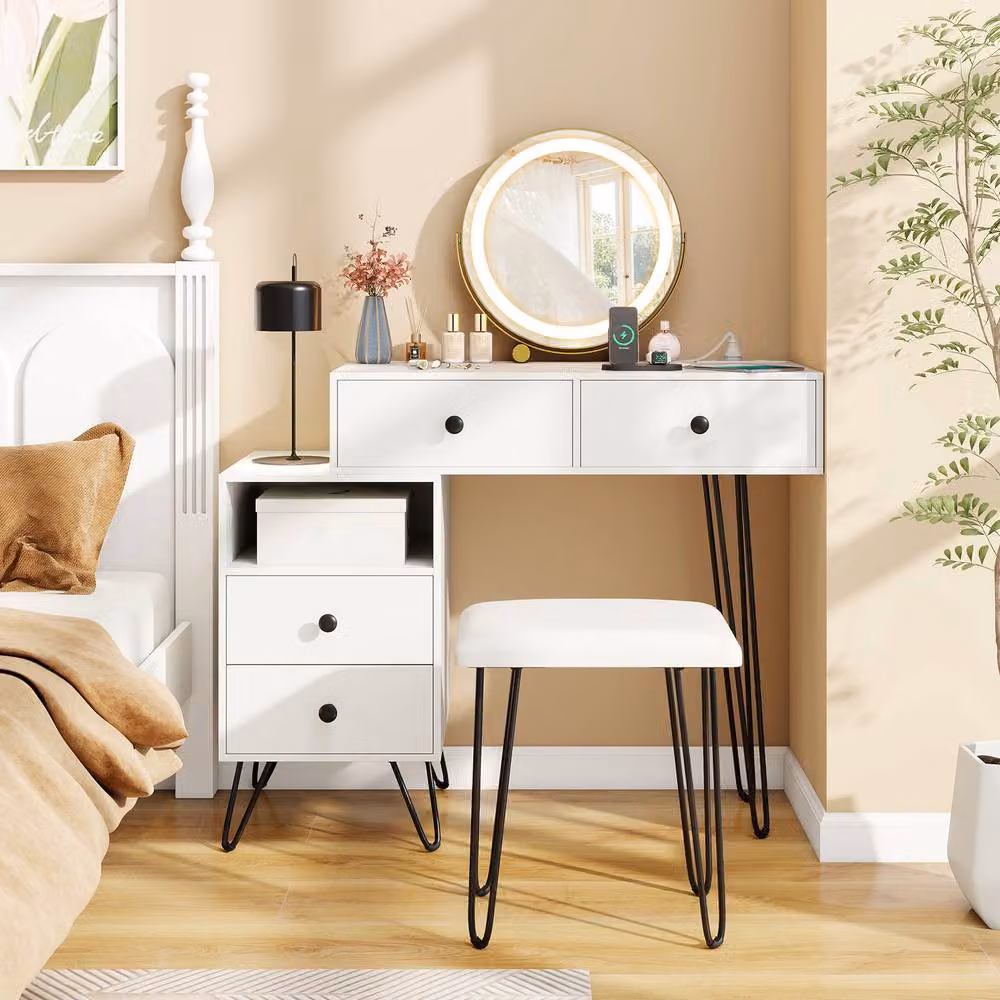 Gymax Dressing Table and Stool Set with Hollywood LED Mirror in White – 2