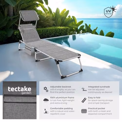 tectake Lorella Aluminium Sun Lounger with Upholstery in Grey, W/D/H: 115 x 60.5 x 60.5 cm – 2