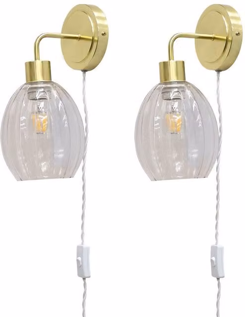 First Choice Lighting Toby Set of 2 Plug in Wall Lights in Gold and Brass with Transparent Glass Shades – 1
