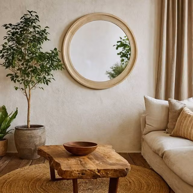 Wyld Haus Large Round Antique White Washed Wood Wall Mirror, Diameter: 120 cm – 1