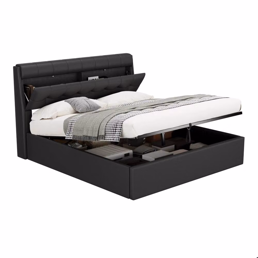 ModernLuxe Upholstered Double Bed with Hydraulic Storage and Headboard in Black Synthetic Leather, W/D/H: 140 x 200 x 135 cm – 5
