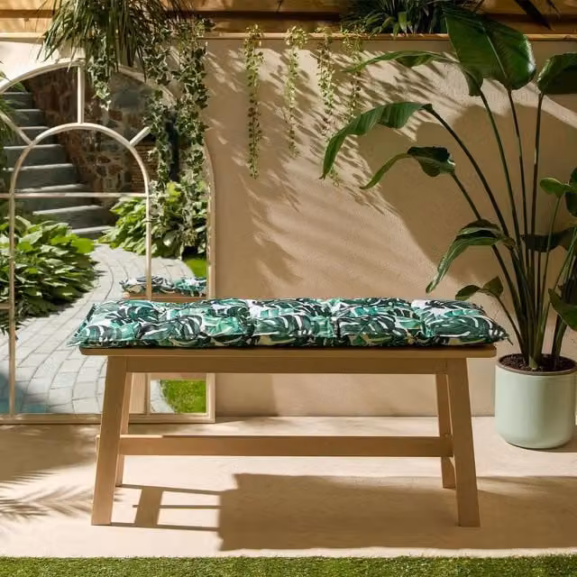 OHS Green Patterned Outdoor 2 Seater Bench Cushion, W/D/H: 110 x 40 x 40 cm