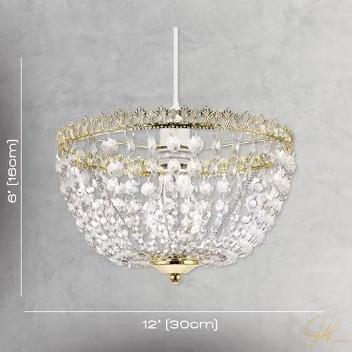 Happy Homewares Circular Crown Pendant Lighting Shade in Polished Gold with Transparent Acrylic Beads, W/D/H: 16 x 16 x 30 cm – 3
