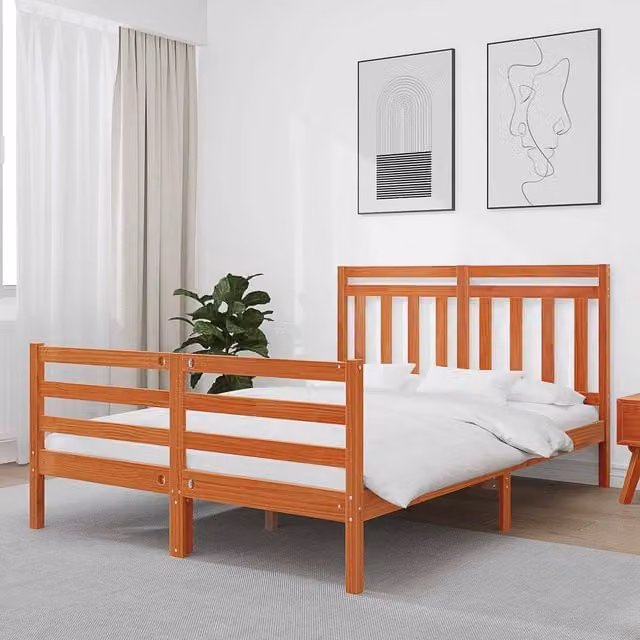 Berkfield Home Solid Pine Bed Frame with Headboard in Wax Brown, W: 140 cm, L: 188 cm