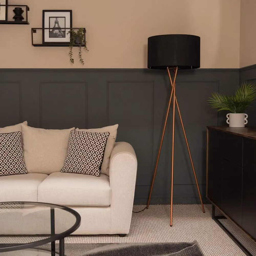 ValueLights Camden Modern Copper Metal Tripod Floor Lamp with Black Fabric Cylinder Shade – 4