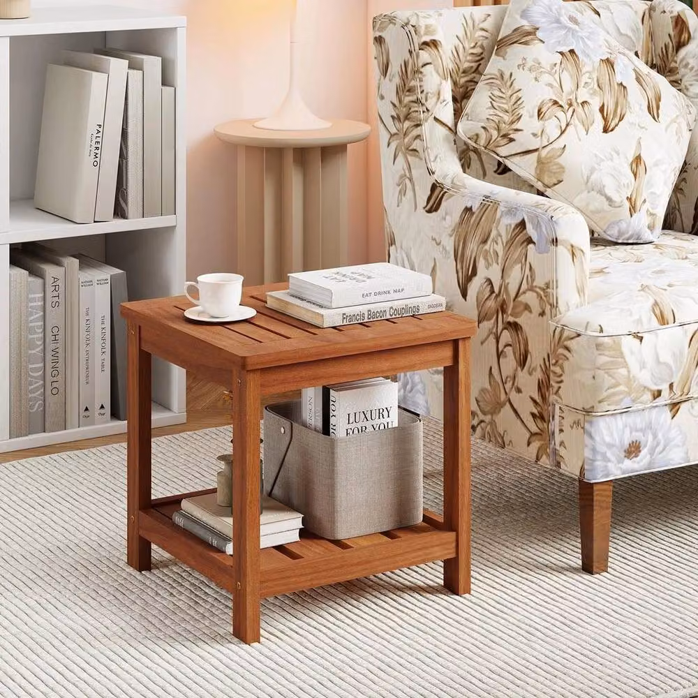 SPETLEK Brown Oiled Wooden 2 Tier Side Table with Storage Shelf for Garden and Indoor Use – 8