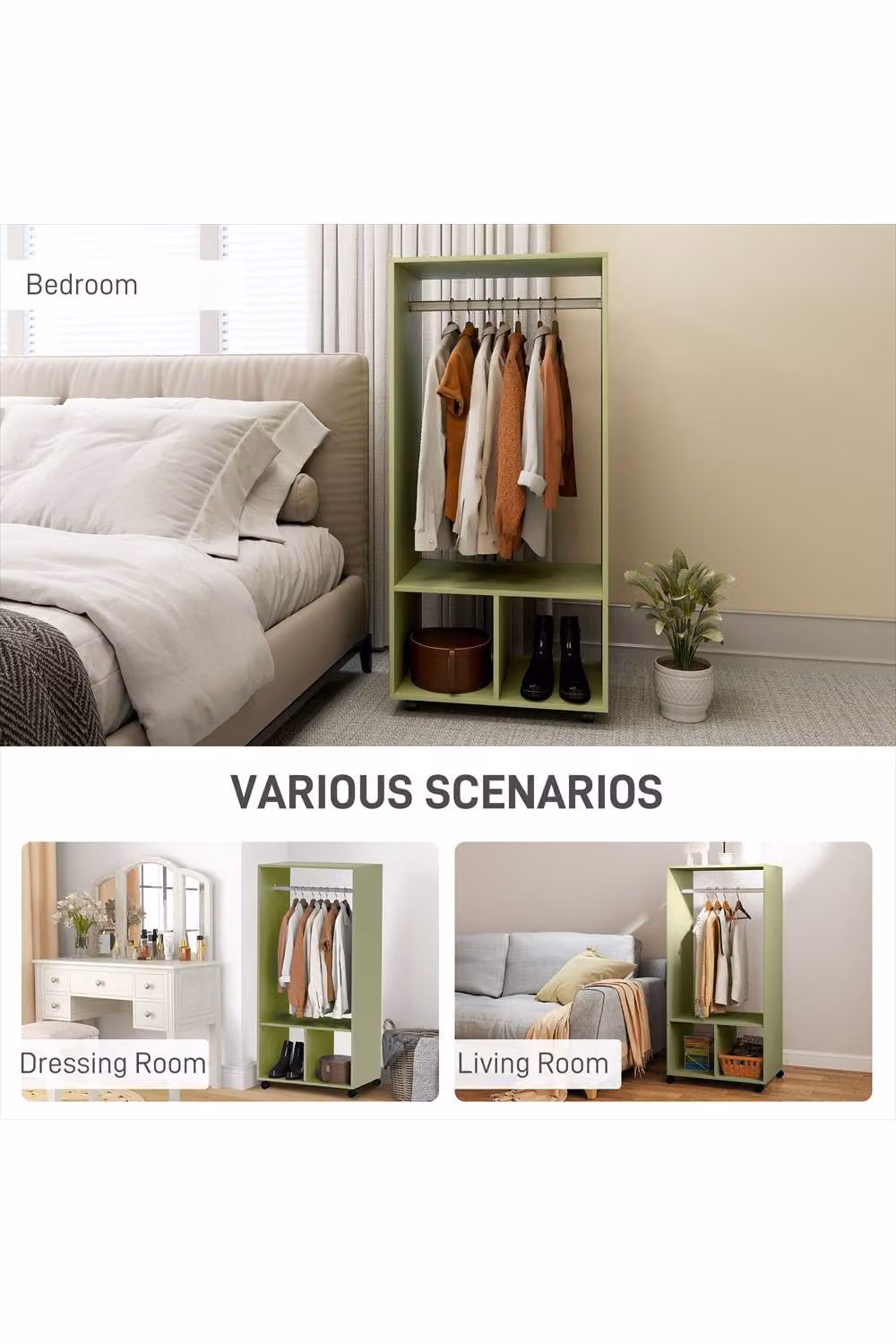ERGOVEXA Open Wardrobe on Wheels with Clothes Rail and 2 Storage Shelves, Green, W/D/H: 128 x 40 x 40 cm – 2