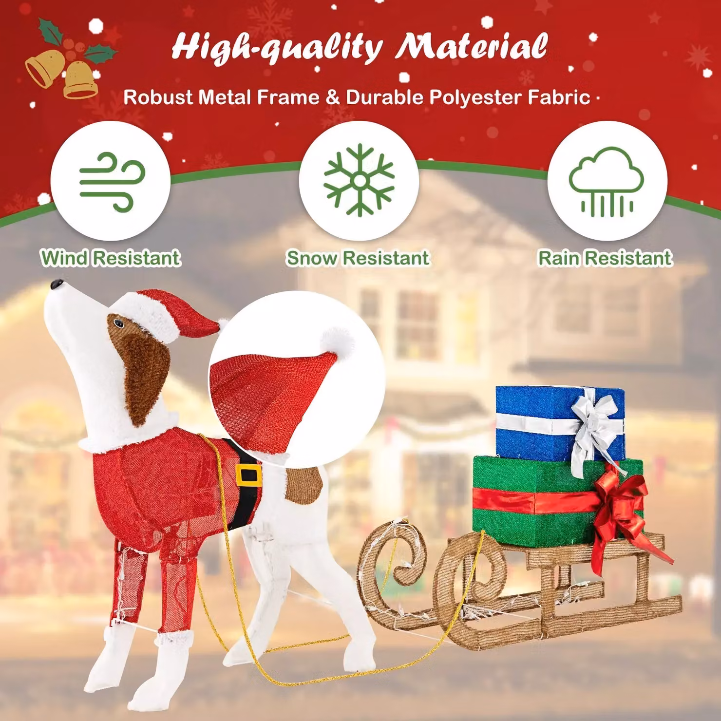 Costway Pre-lit Outdoor Christmas Decorations with Multicolour Lighted Dog, Sleigh and Gift Boxes – 3