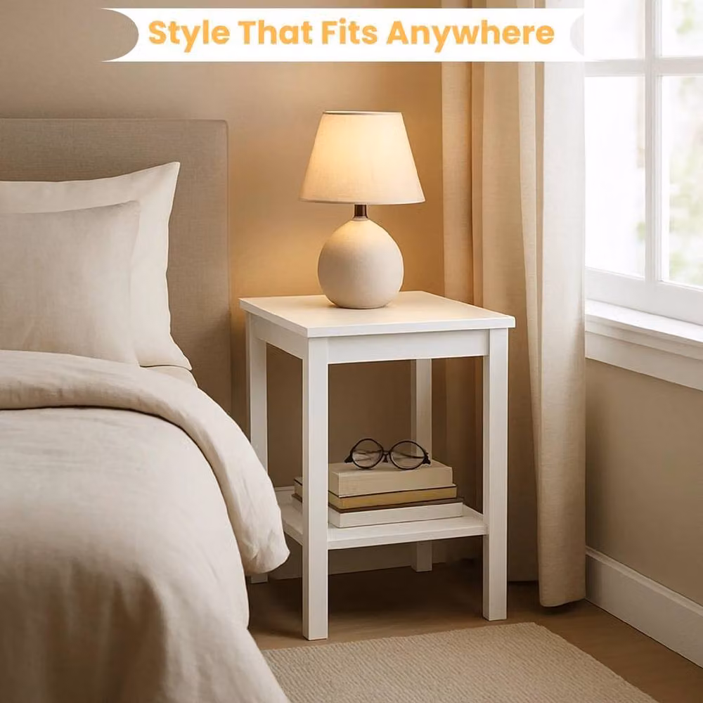 PAWNORA 2 Tier White Matt Finish MDF Side Table with Shelf – 3