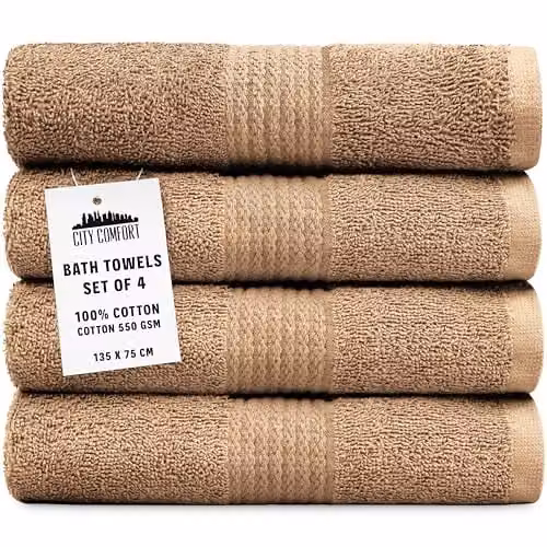 CityComfort Set of 4 Fluffy Cotton Bath Towels, Brown, W: 75 cm x L: 135 cm, 550 GSM – 1