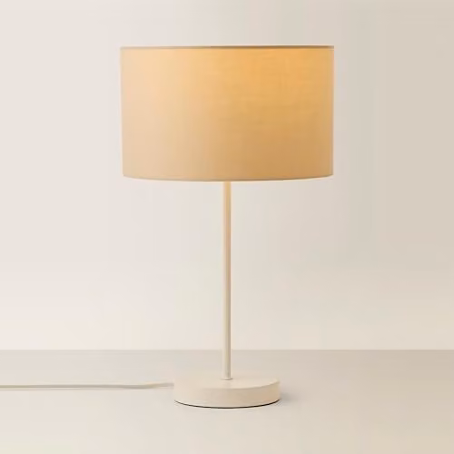ValueLights White Metal Single Stem Table Lamp with Beige Fabric Drum Shade