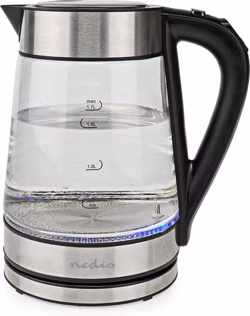 Nedis Smart Glass and Stainless Steel Kettle with WiFi App Control and Limescale Filter, 1.7 l, Silver and Blue