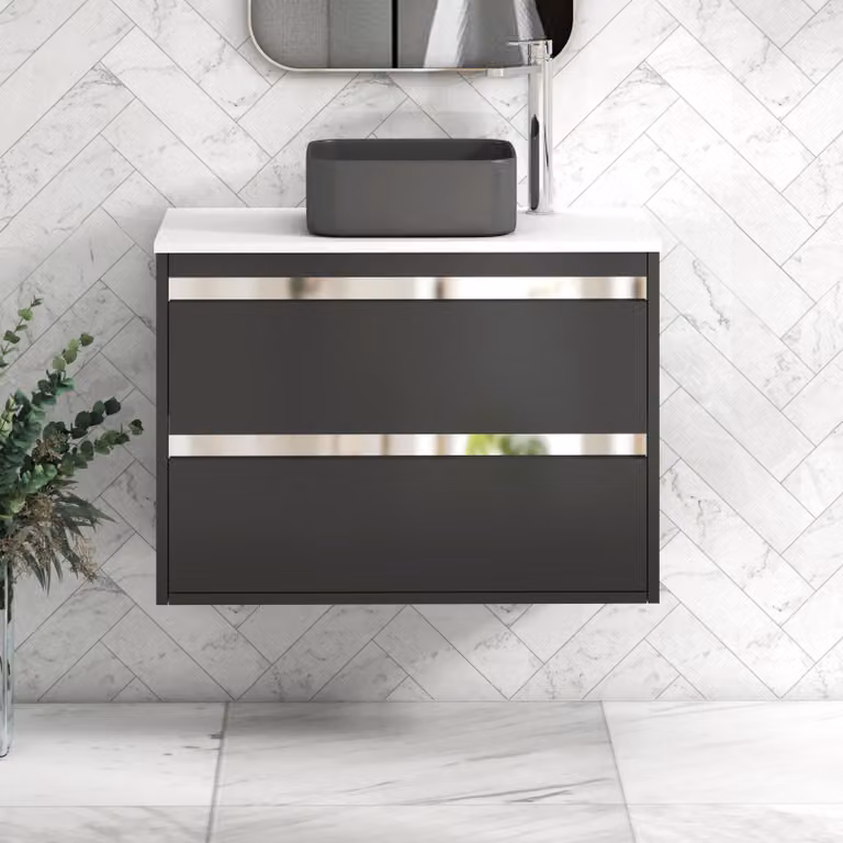 Royal Bathrooms Orion 800mm Wall Hung Vanity Unit with Art Square Basin in Matt Obsidian Black and White with 2 Drawers and Chrome Accent Trim