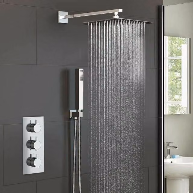Nes Home Calla Round Concealed Thermostatic Mixer Valve and 300mm Hand Held Shower Head Set in Silver