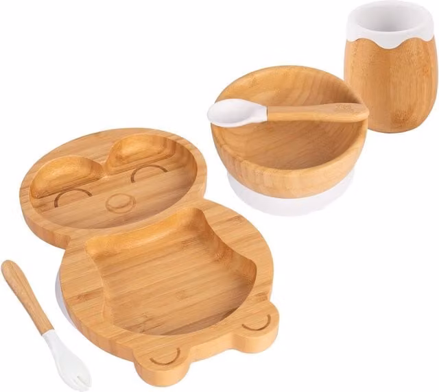 Tiny Dining 5pc Bamboo and Silicone Penguin Baby Weaning Set in White and Multicolour