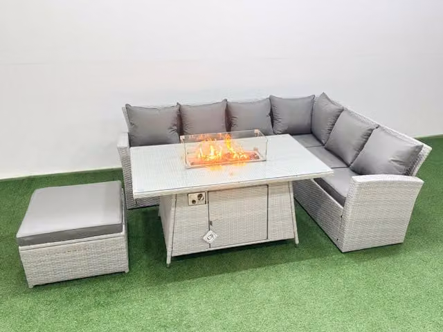 Fimous 7 Seat Rattan Garden Furniture Set with Gas Firepit Table and Light Grey Upholstered Cushions