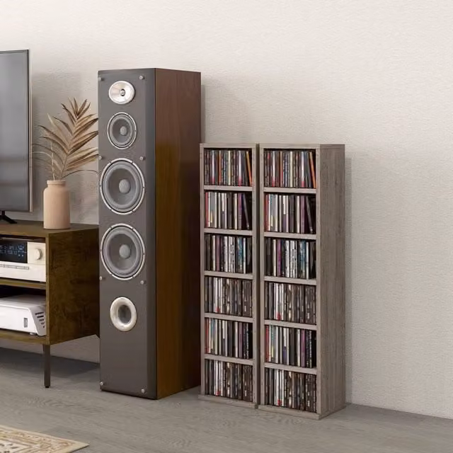 EONLION Set of 2 Grey CD Storage Display Shelf Units with Adjustable Shelves and Media Compartments, Height: 100 cm
